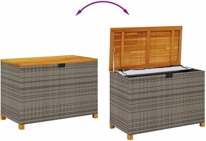 Patio Garden Storage Box, Outdoor Storage Box Deck Box, Entryway Storage Box with Seat for Patio Garden Balcony Yard, Gray 43.3"x21.7"x24.8" Poly Rattan Acacia Wood,-350