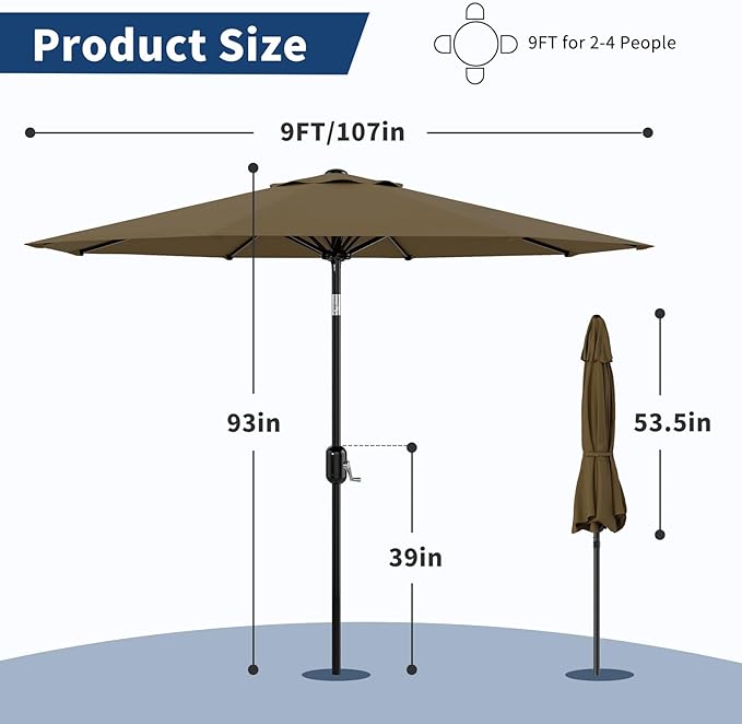 GarveeLife 9FT Patio Umbrella Outdoor, Table Umbrella with Push Button Tilt and Crank, 8 Sturdy Ribs UV Protection Waterproof for Garden, Pool, Market, Deck