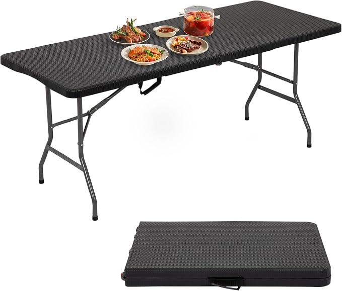 PayLessHere 6ft Folding Tables,Plastic Resin Table with Collapsible Alloy Steel Frame,Plastic Table for Indoor,Outdoor,Camping,BBQ,Picnic,Black Ratten