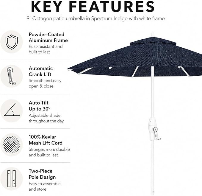 Treasure Garden 9ft Patio Umbrella - Outdoor Furniture Market Umbrella – Deluxe Auto-Tilt – White Aluminum Frame (Sunbrella, Spectrum Indigo)