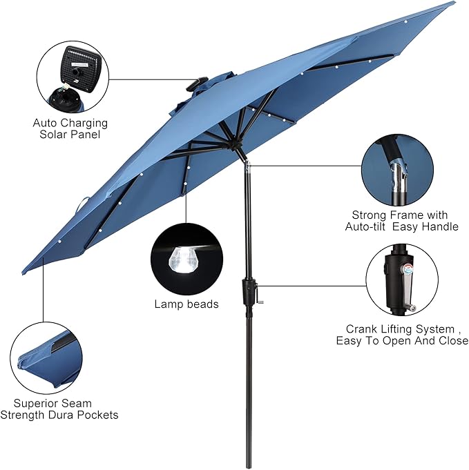 HERMOCE 9FT Solar Umbrella 32 LED Patio Umbrellas with Tilt and Crank,Table Market Outdoor Umbrella for Garden,8 Ribs