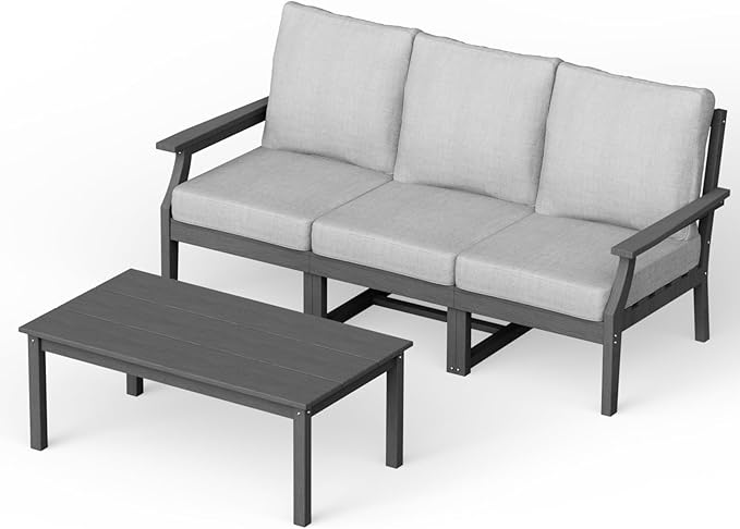HDPE Patio Conversation Set, 4-Piece All Weather Outdoor Furniture Set with 3-Seater Modular Sofa for Deck, Lawn, with Cushion, Gray