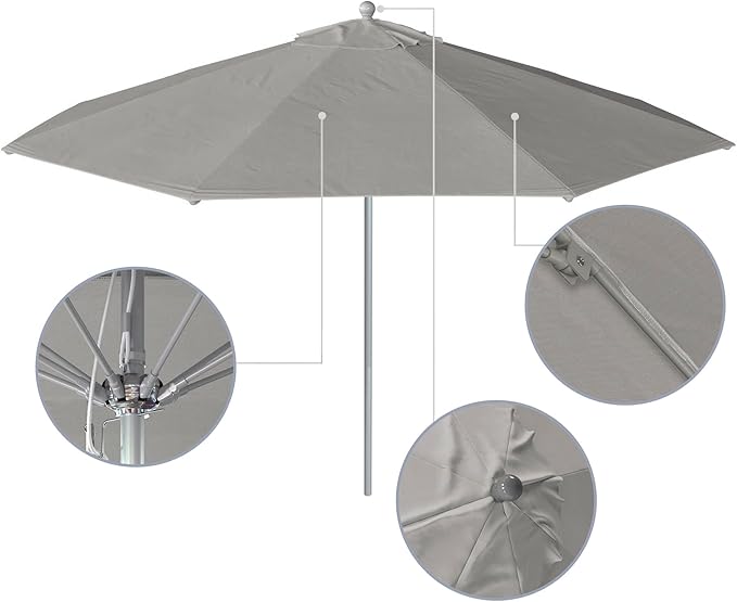 California Umbrella 11Ft Commercial Grade Sunbrella Fabric Market Umbrella, Pulley Lift, Aluminum/Fiberglass, 2mm pole wall, Silver Frame, Granite Fabric