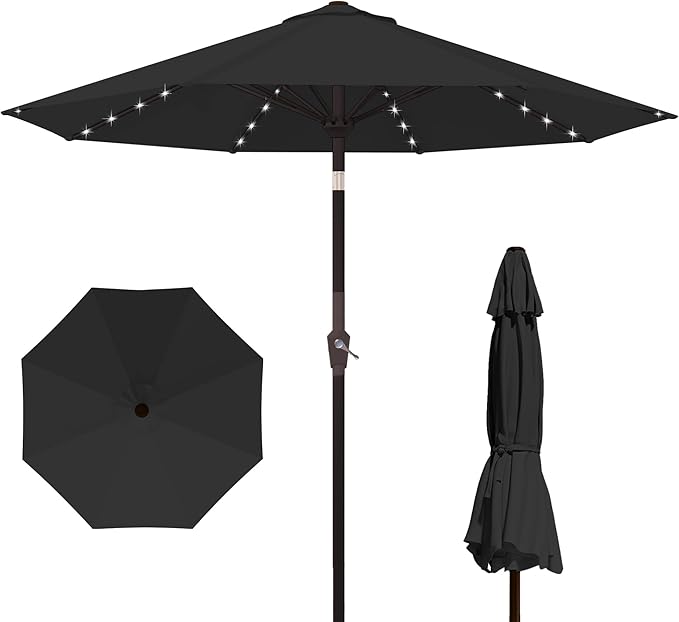 Kingdura 9FT Outdoor Patio Umbrella with Solar Lights, Market Table Umbrella with Push Button Tilt & Crank, 8 Sturdy Ribs, 32 LED Lights, UV Protection for Garden Lawn Deck Backyard Pool (Black)