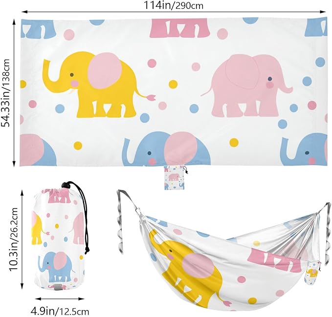 Cartoon Cute Blue and Pink Elephant 330lb Capacity Camping Hammock with Tree Straps Rope Hammock for Indoor Outdoor Patio Base para hamaca