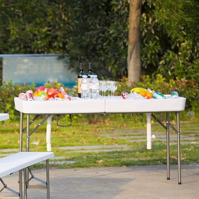 THABTAD 5ft Party Cooler Folding Table, Ice Table for Parties with Drain, Plastic Cooler Table for Drinks Beverages, Party Ice Bin, BBQ, Camping, Picnic, Wedding, White