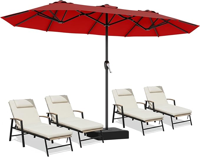 AreShark 15ft Patio Umbrella with Base, Double Sided Outdoor Umbrella with 12 Fiberglass Ribs, Large Outdoor Umbrella for Garden, Pool, Deck, Backyard & Market, Red