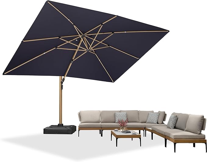 PURPLE LEAF 10'x 13' Rectangle Patio Cantilever Umbrella With Furniture Sofa Sets Large Hanging Umbrella Teak Finished Aluminum Frame Windproof Offset Outdoor Sun Umbrellas for Beach Pool Deck, Navy Blue