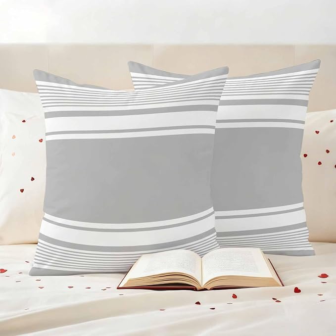 Outdoor Waterproof Throw Pillow Covers, Grey Striped Decorative Pillow Cases, Modern Color Block Farmhouse Stripes Couch Pillow Protector Patio Sofa Cushion Covers Replacement 16"x16" 2 Pack