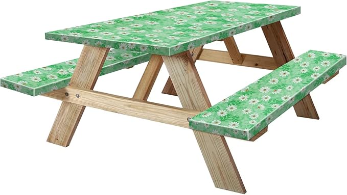 KENOBEE 8ft Picnic Table and Bench Cover, Camping Essentials RV Gear, 96 in Waterproof Windproof Outdoor Elastic All Around Tablecloth, Fitted Rectangle Tables and Seats, Green Chrysanthemum