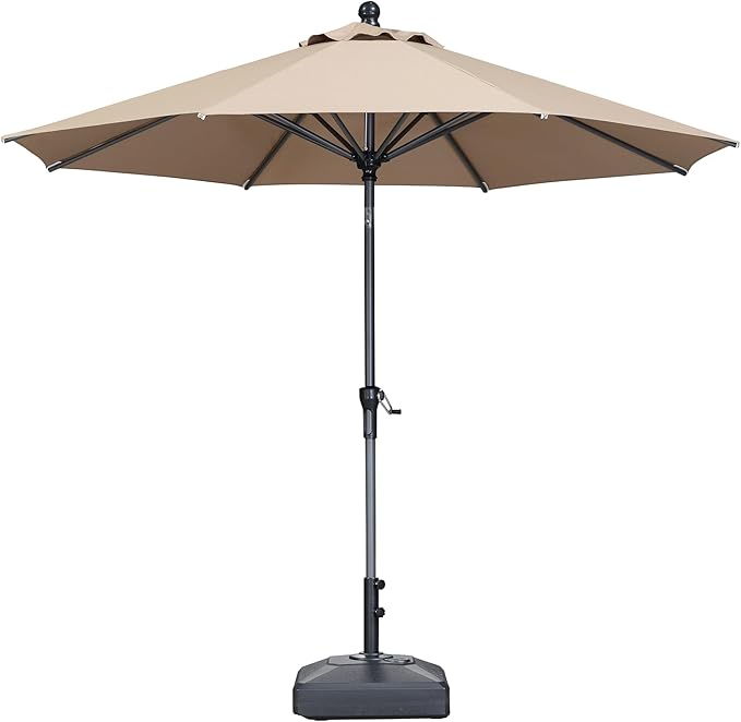 PURPLE LEAF 9' Round Patio Market Umbrella with Base Outdoor Table Umbrellas Aluminum Frame Sun Shade with 8 Sturdy Ribs Tilt for Garden Deck Lawn Pool Taupe