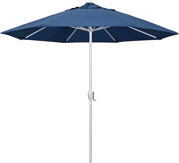 California Umbrella 12-Year Protection 9' Rd Aluminum Patio Umbrella, Crank Lift, Auto Tilt, White Finish, Sunbrella Regatta