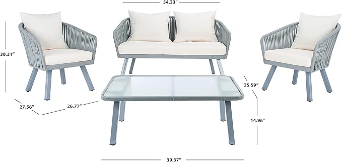 Safavieh Outdoor Collection Jorda Wicker Cushion 4-Piece Rope Patio Backyard Living Set PAT7518A, Grey/Beige