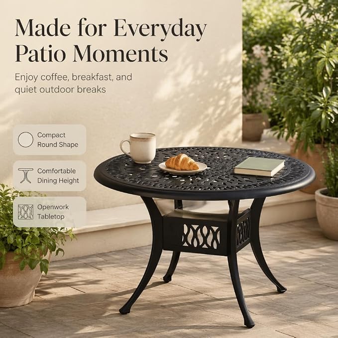 IRONORA 35 Inch Outdoor Dining Table Cast Aluminum, Patio Round Bistro Table with Umbrella Hole for Backyard, Garden, Patio, Porch, Poolside