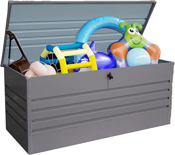 260 Gallon Light Gray Waterproof Metal Outdoor Deck Box, Extra Large