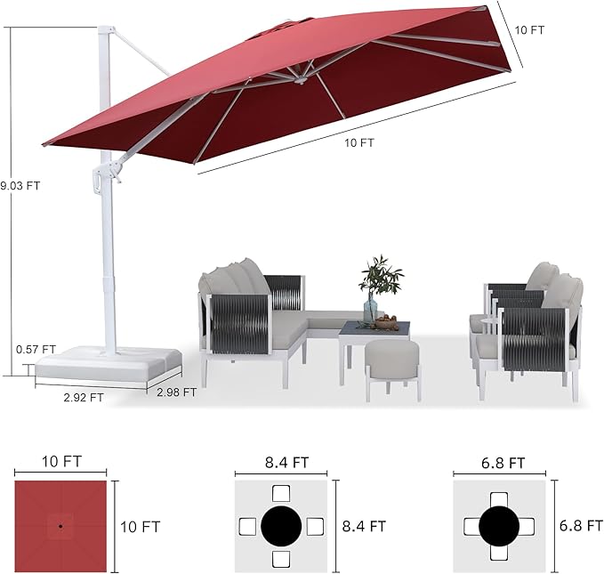 PURPLE LEAF 10 FT Patio Umbrella With Base White Cantilever Umbrella Square Outdoor Offset Umbrella Windproof with 360° Rotation for Garden Deck Pool, Ruby Red