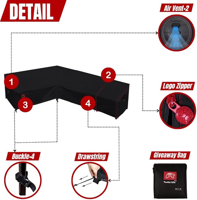 Turtle Life Patio Sectional Sofa Cover, Outdoor Heavy Duty Durable UV Water Resistant Anti-Fading L-Shaped Couch Cover, Black, L-Shaped 70in +98in(Right)