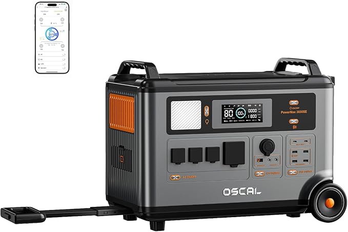 OSCAL 3600W Portable Solar Power Station, PowerMax 3600SE 3600Wh Solar Generator, 1800W AC/ 1600W Solar Fase Charging, LiFePO4 Battery Power Station for Home Use, Power Outage, RV, Emergencies