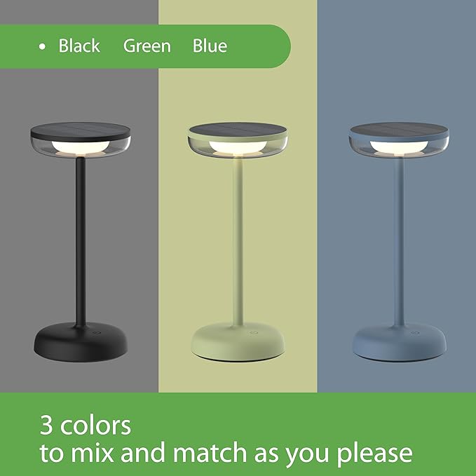 Cocktail Style Solar Table Lamp – Cordless LED Light with USB-C Charging, Dimmable Warm 2700K Glow, Weather Resistant for Indoor/Outdoor Use – Green, 1 Pack
