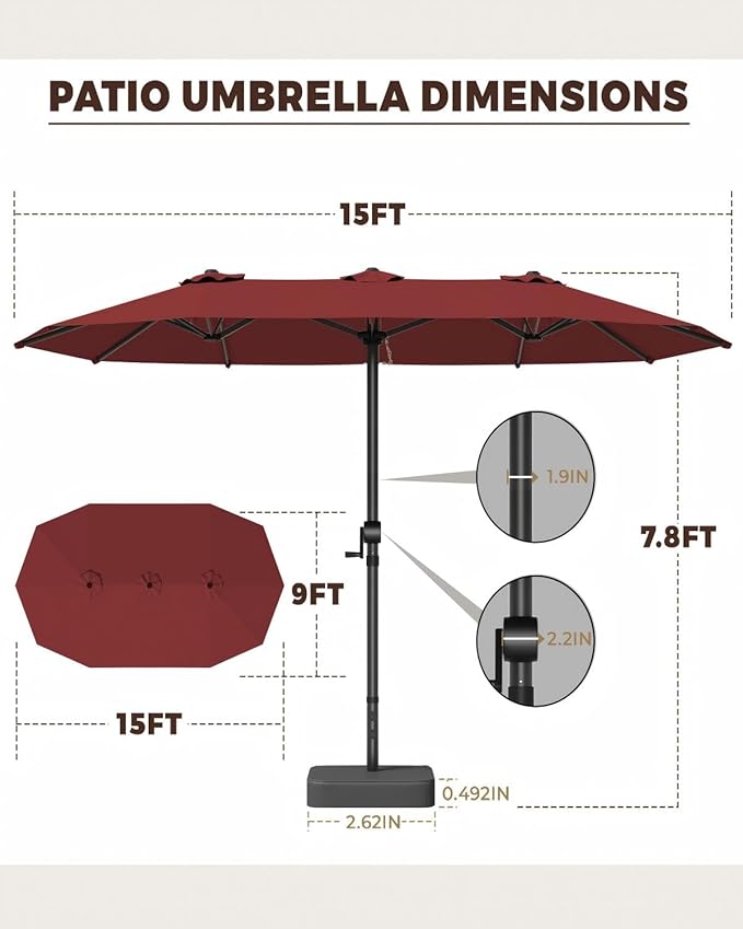 GDPFN 15FT Large Patio Umbrella with Base Included, Outdoor Deck Standing Umbrella with Crank Handle, Double-Side Rectangular Pool Umbrella for Outside, Market, Patio, Burgundy