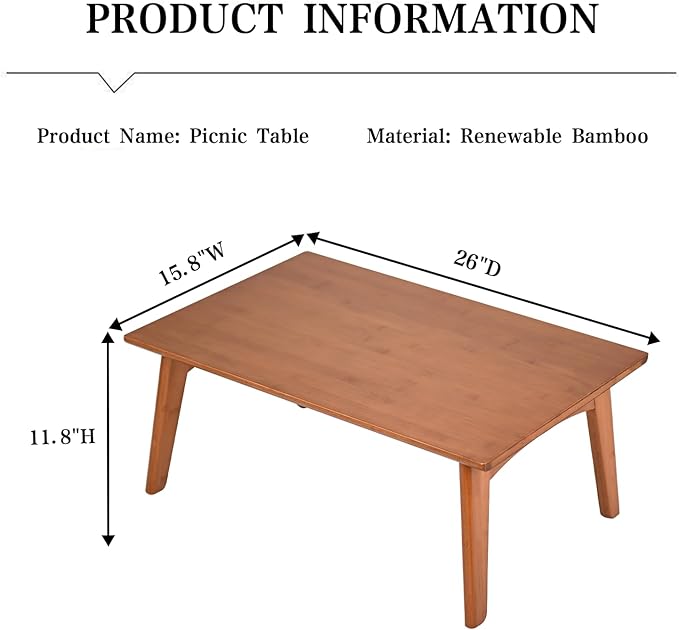 JIKUGO Bamboo Folding Coffee Table No Assembly Required Japanese Floor Table for Bedroom Living Room, Walnut, 26 x 15.8 x 11.8 Inches