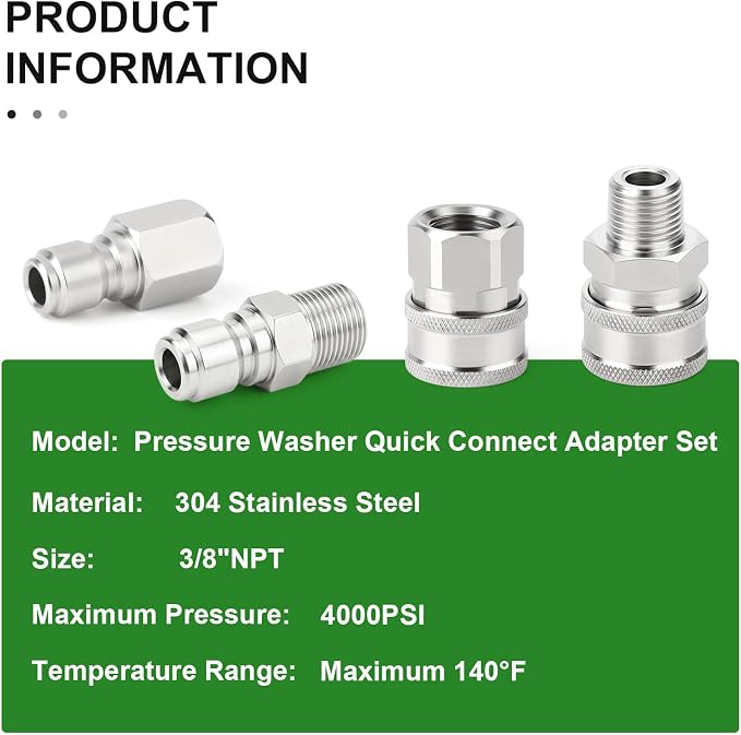 TAISHER 1PCS 304 Stainless Steel Pressure Washer Adapter Kit, NPT Quick Connect Fittings, 3/8" NPT Thread