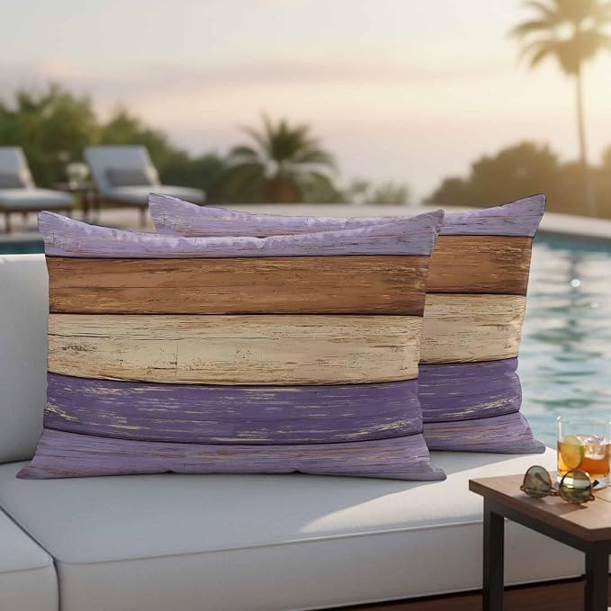 Farmhouse Purple Brown Outdoor Waterproof Pillow Covers, Vintage Wooden Striped Decorative Rectangle Throw Pillowcase Sofa Cushion Sham for Patio/Couch/Chair, 20"x12" 2 Pack