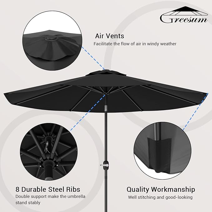 Greesum Patio Umbrella, Outdoor Table Umbrella with Push Button Tilt, Crank and 8 Sturdy Ribs