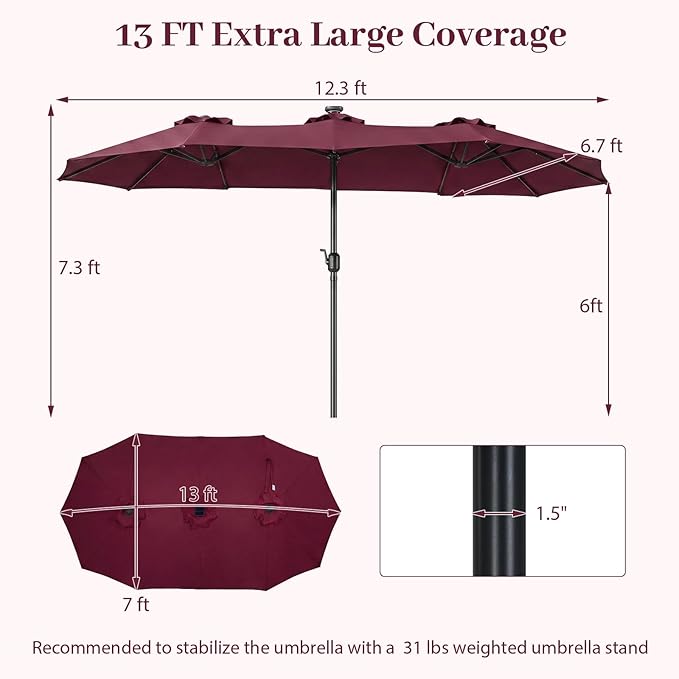 Tangkula 13 Ft Solar Patio Umbrella, Double-Sided Extra Large Outdoor Market Table Umbrella with 36 LED Lights, Crank Handle, 12 Sturdy Ribs for Poolside, Garden & Backyard (Burgundy)