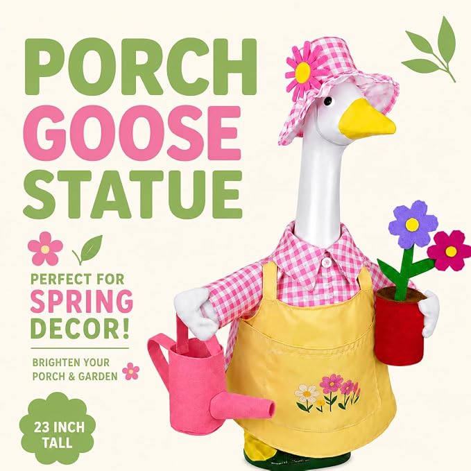 23 Inch Spring Gardener Porch Goose Outfit, Lawn Goose Costume with Floral Hat, Watering Can & Potted Flower Prop, Fits Plastic Goose Statue, Outdoor Yard Lawn Decor