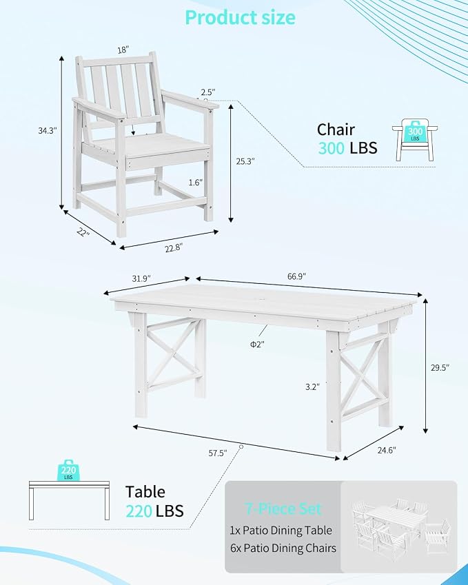 Outdoor HDPE Dining Table Set, 7-Piece Patio Dining Furniture Sets with Umbrella Hole Table and 6 Chairs for Backyard, Poolside, Garden and Lawn, White