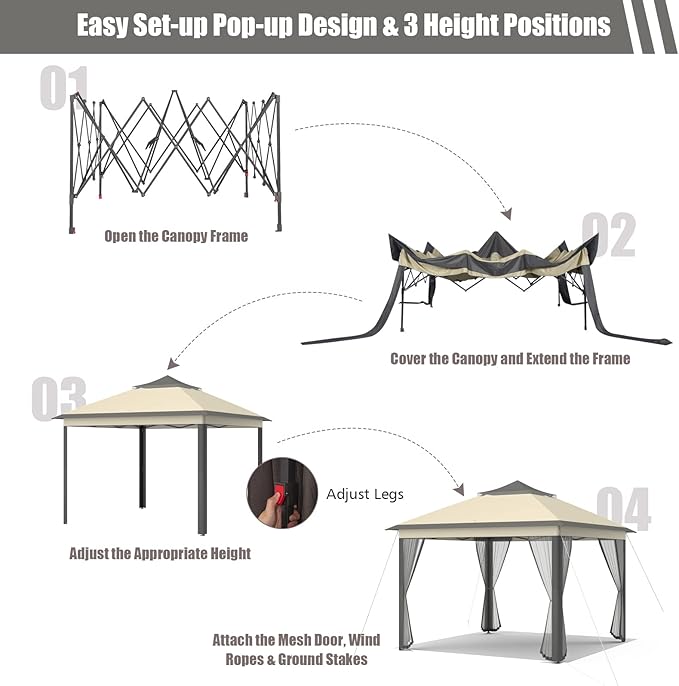 Tangkula 11x11 Ft Pop up Gazebo, 2-Tier Patio Gazebo with Netting, Carry Bag, Easy Set up Outdoor Gazebo with 121 Square Feet of Shade for Backyard, Deck, Poolside (Brown)