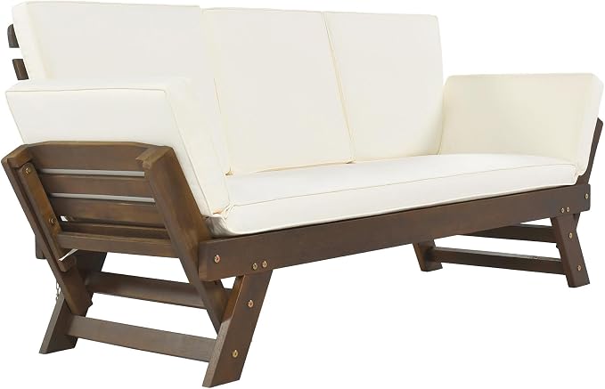 Outdoor Patio Furniture Sets, Adjustable Wooden Daybed Sofa Chaise Lounge, Acacia Wood Couch Sofa Bed with Cushions for Small Places Patio Balcony Poolside Backyard (Brown Finish+Beige cushion 6)
