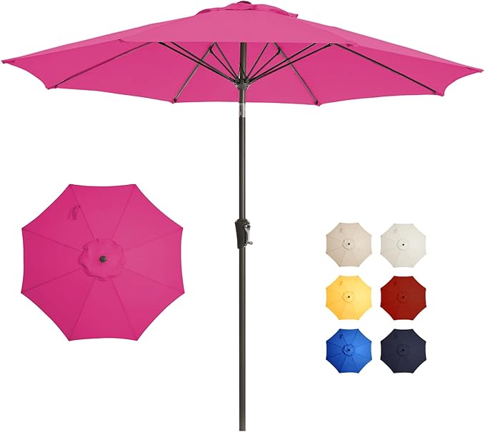 9FT Large Outdoor Patio Umbrella Pool Market Umbrella-UV Resistant, Easy Push Button Tilt and Crank, 8 Sturdy Ribs Heavy-Duty Table Umbrella for Deck, Backyard, Garden (Pink)
