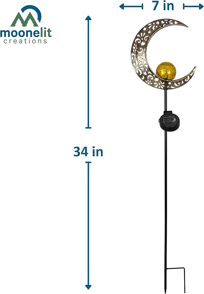MCSSMOON Solar LED Crescent Moon Garden Light – Waterproof Metal Stake with Crackled Glass Globe