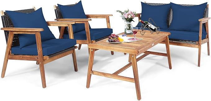 HAPPYGRILL 4 Pieces Outdoor Rattan Sofa Set Acacia Wood Frame Conversation Set with Coffee Table, Sectional Furniture Set with Cushions for Backyard Porch Garden Poolside Balcony