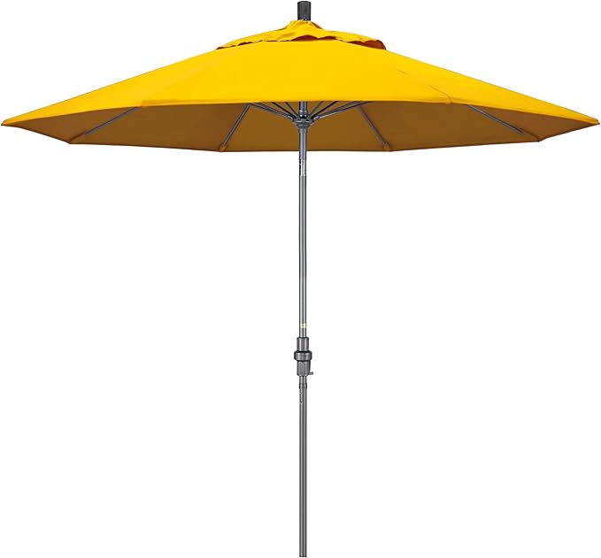 California Umbrella 9' Rd. Crank Lift, Collar Tilt, Aluminum Pole, Fiberglass Rib Patio Umbrella, Hammertone Grey Finish, Sunbrella Sunflower Yellow