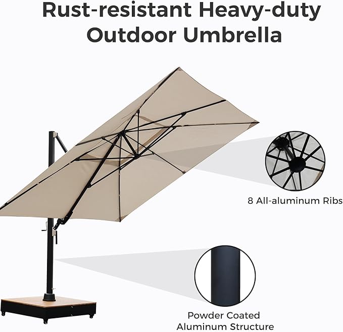 Grand patio 10x13 FT Patio Umbrella with Base, Acrylic Outdoor Cantilever Aluminum Umbrellas, Rectangular Offset Umbrellas with Cover for Poolside, Deck, Backyard, Black Umbrella Pole