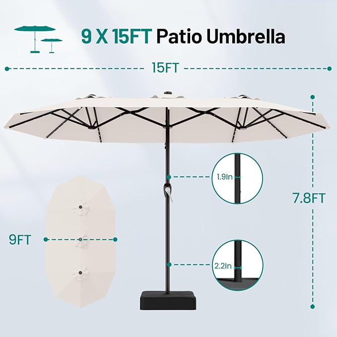 AreShark 15FT Patio Umbrella with Solar Lights, Double Sided Outdoor Table Umbrellas with Crank, Large Rectangular Market Umbrella for Porch, Lawn, Pool, Backyard, Cream-White