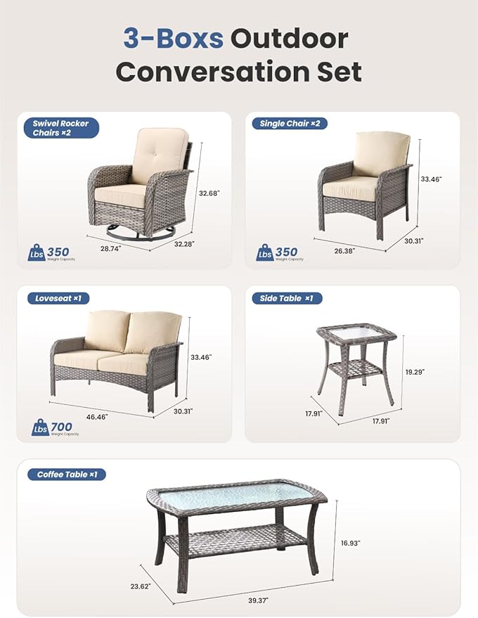 7-Piece Outdoor Patio Furniture Set with Swivel Chairs, Outdoor Conversation Wicker Sofa with Coffee Table, Rattan Couch for Deck Yard Poolside, Beige