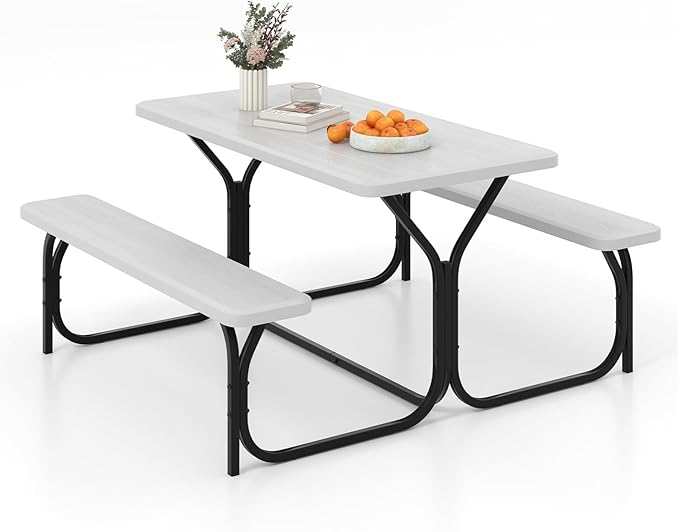 S AFSTAR Picnic Table Bench Set, 59” Expanded Rectangular Picnic Table, Outdoor Table and Bench W/Steel Frame & Wood-Like Texture Tabletop, Camping Table Chair Set for Garden Patio Lawn Deck (White)