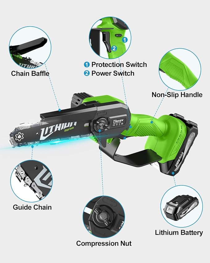 Fostex Mini Chainsaw Cordless, 6 Inch Handheld Electric Chain Saw, 2×2Ah Batteries & 2 Chains, Lightweight Small Tree Trimmer for Wood Cut, Yard & Garden, Ideal Gift for Dad, Men & Women (Green)