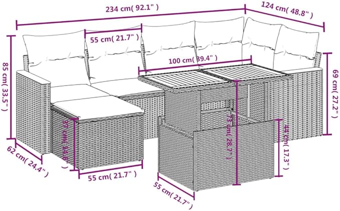 vidaXL Patio Sofa Set with Cushions 7 Piece, Outdoor Sectional Sofa Couch, Patio Conversation Set for Garden Backyard, Gray Poly Rattan