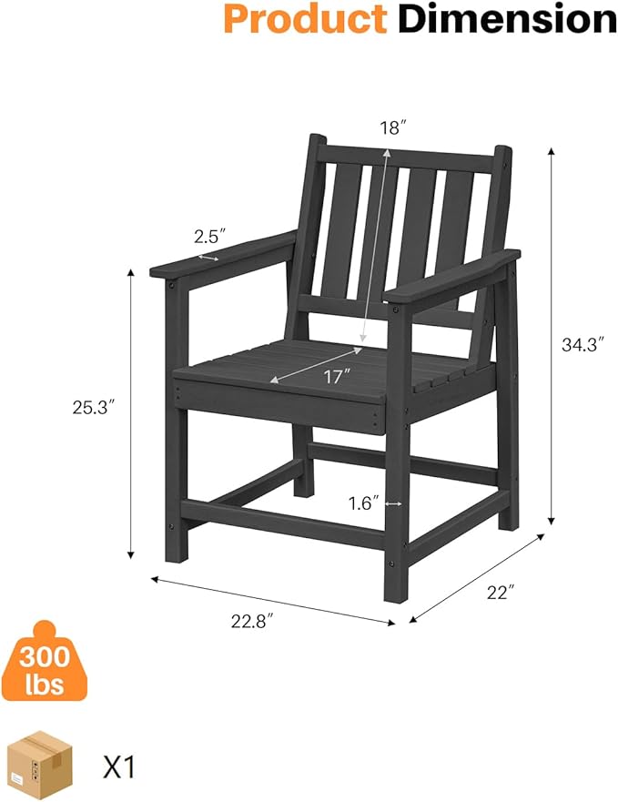 Patio Dining Chair Set of 2, HDPE Outdoor Dining Chair, Ergonomic HDPE Dining Chairs with Deep Seating, All Weather Outdoor Chairs Furniture for Backyard, Deck, Garden, Poolside, Obsidian