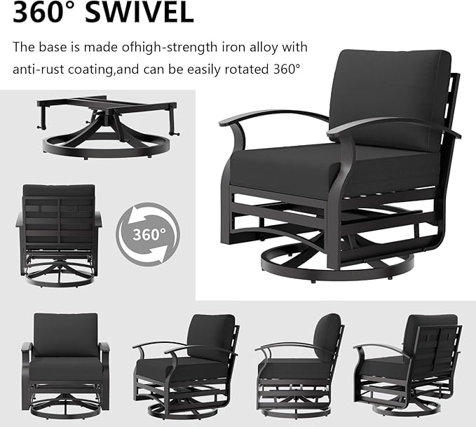 Aluminum Patio Furniture Set with Fire Pit Table, 8 Seats Outdoor Patio Conversation Sets with Swivel Chair Modern Metal Sectional Sofa with Upgrade Cushions for Patio, Backyard - Black