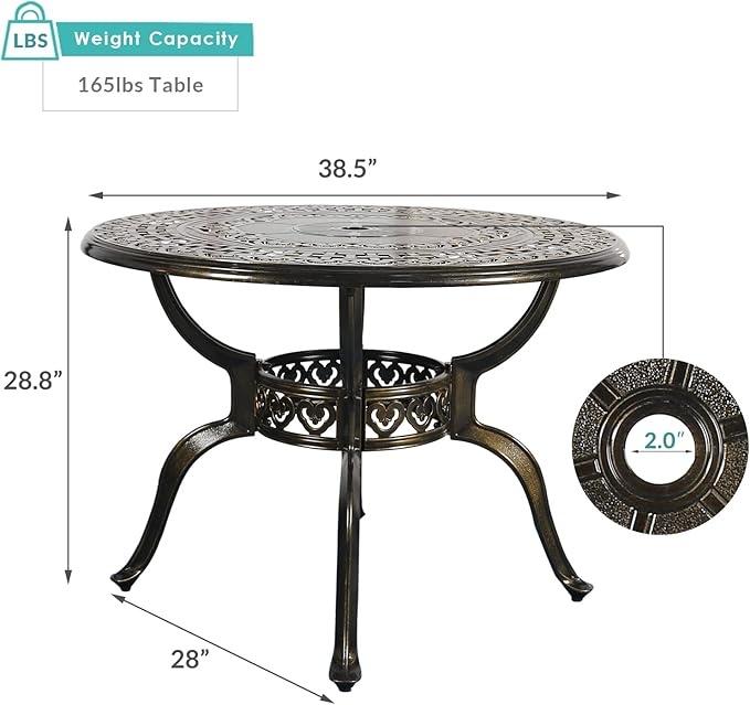 MEETWARM 38.5" Round Patio Dinning Table, Outdoor Cast Aluminum Dinning Table with 2" Umbrella Hole, Dark Bronze