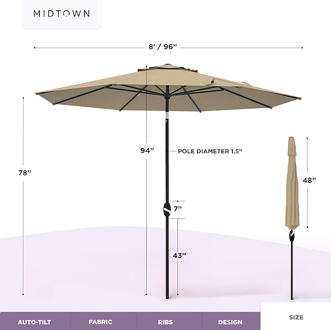 Midtown Umbrellas – The Lean 8 Ft Patio Umbrella with 10-Year-No-Fade Acrylast Acrylic Fabric, Auto-Tilt and 8 Reinforced Ribs for Deck, Pool, Garden, Hotel & Cafes – Sahara Canopy, Black Pole