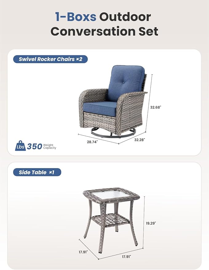 3-Piece Outdoor Patio Furniture Set with Swivel Chairs, Outdoor Conversation Wicker Sofa with Coffee Table, Rattan Couch for Deck Yard Poolside, Blue