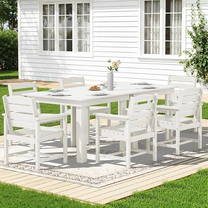 KINGYES 8-Piece HDPE Outdoor Dining Set for 6, Square Patio Table & Armchairs with Umbrella Hole, All-Weather Patio Dining Set for Backyard, Garden, Lawn & Poolside, White