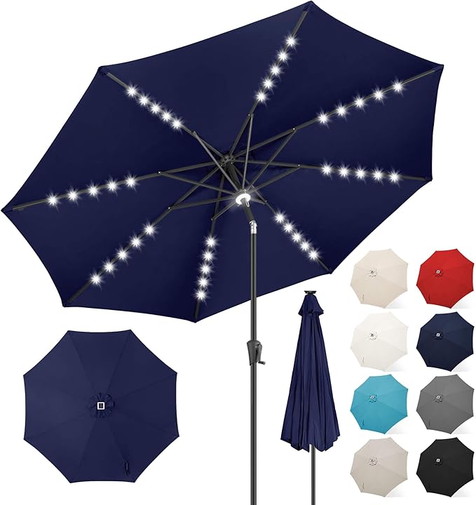 FLAME&SHADE 11 FT Solar Light Patio Umbrella, 40 LED lights outdoor umbrella with Centre Surround Light, Table Market Umbrella for Deck, Pool, Porch, Backyard, Garden, UV Protection, Navy Blue